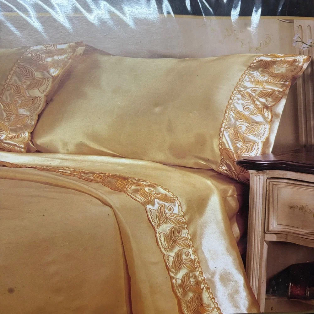 Victoria Classics Gold Satin Embroidery Sheet Set King 4 Piece Luxury Bedding